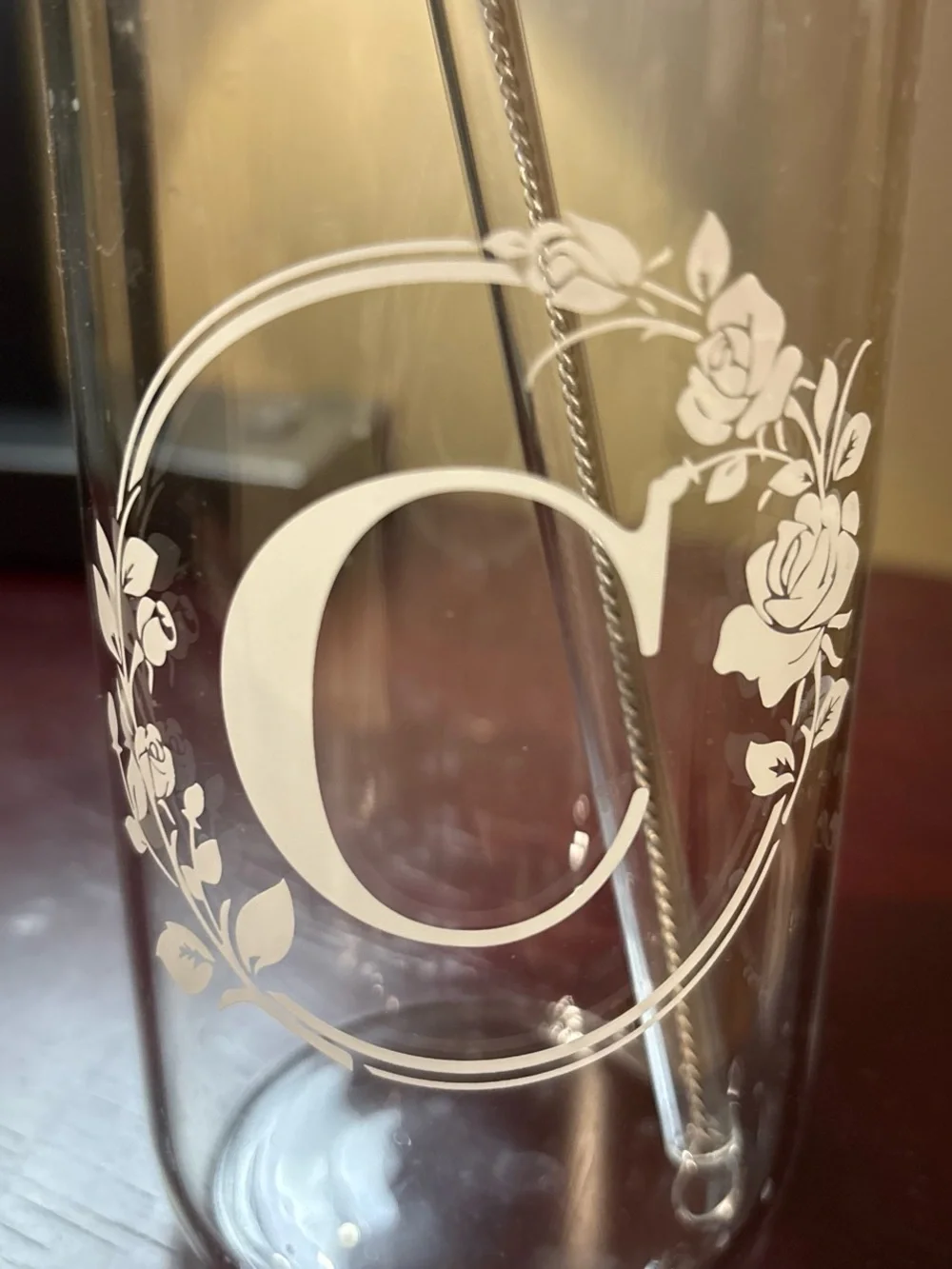 Floral Wreath Glass Tumbler Cup Initial Letter C w/ Bamboo Lid, Straw, & Brush